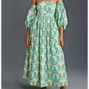 Floral Off-Shoulder Dress - Blue and Cream